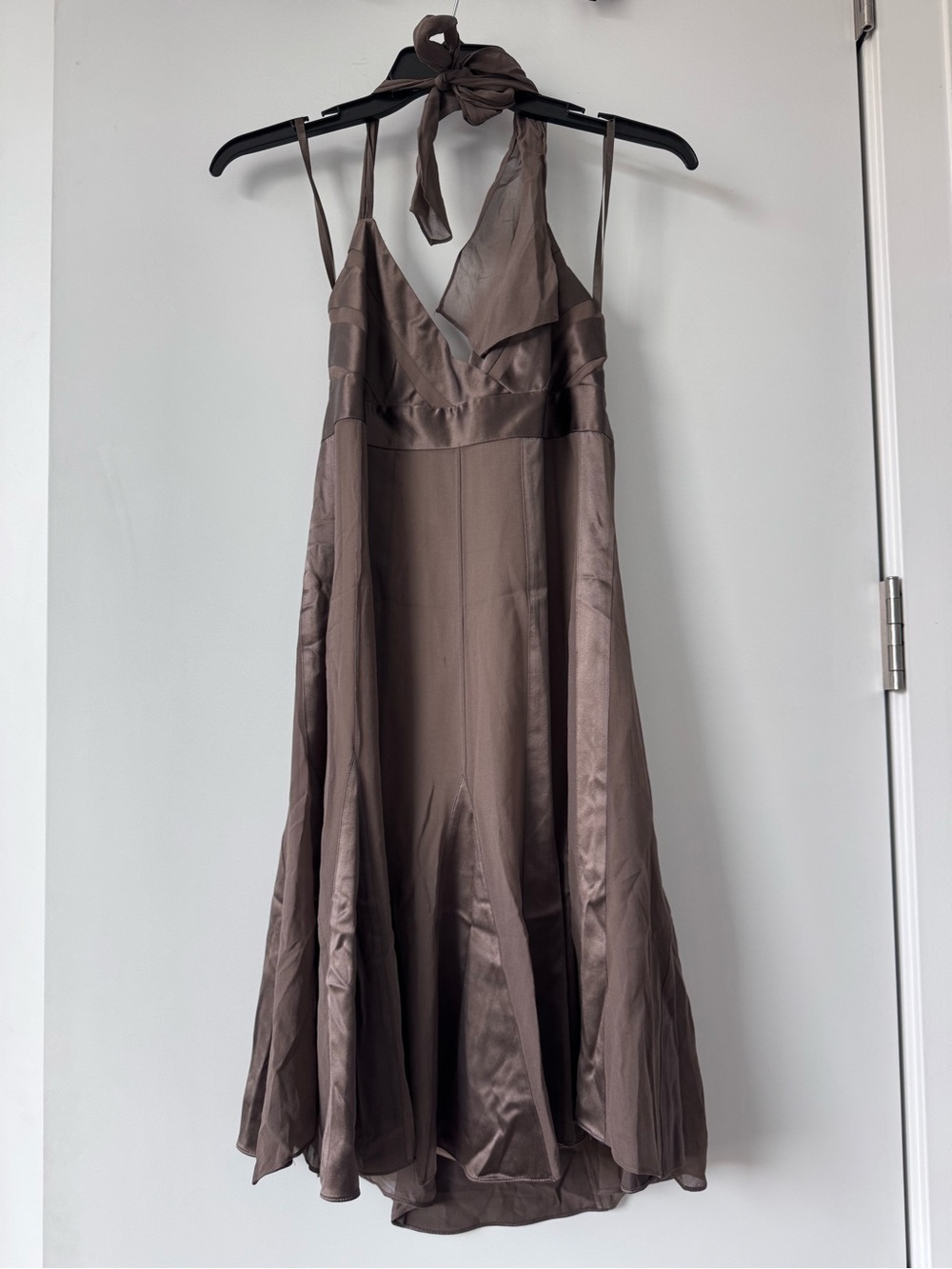 BCBGMaxAzria Taupe Halter High-Low Satin Dress